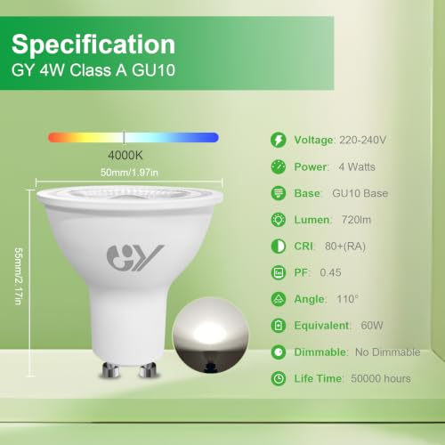 Detalle de Bombilla LED GU10 4W GY (equivalente 60W) – Luz blanca neutra 4000K, 720 lúmenes, ángulo 110°, pack de 6