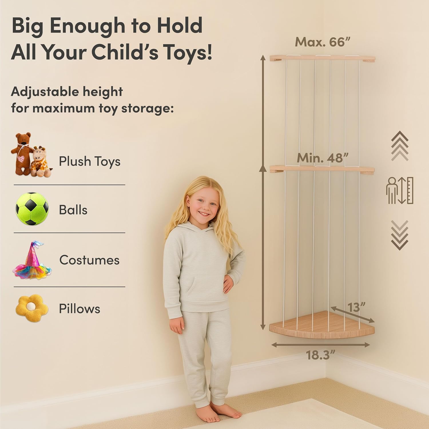 Thumbnail 2 de PUTSKA Corner Nursery Storage Shelf – Space-Saving Wooden Organizer for Plush Toys, Baby Essentials & Nursery Décor