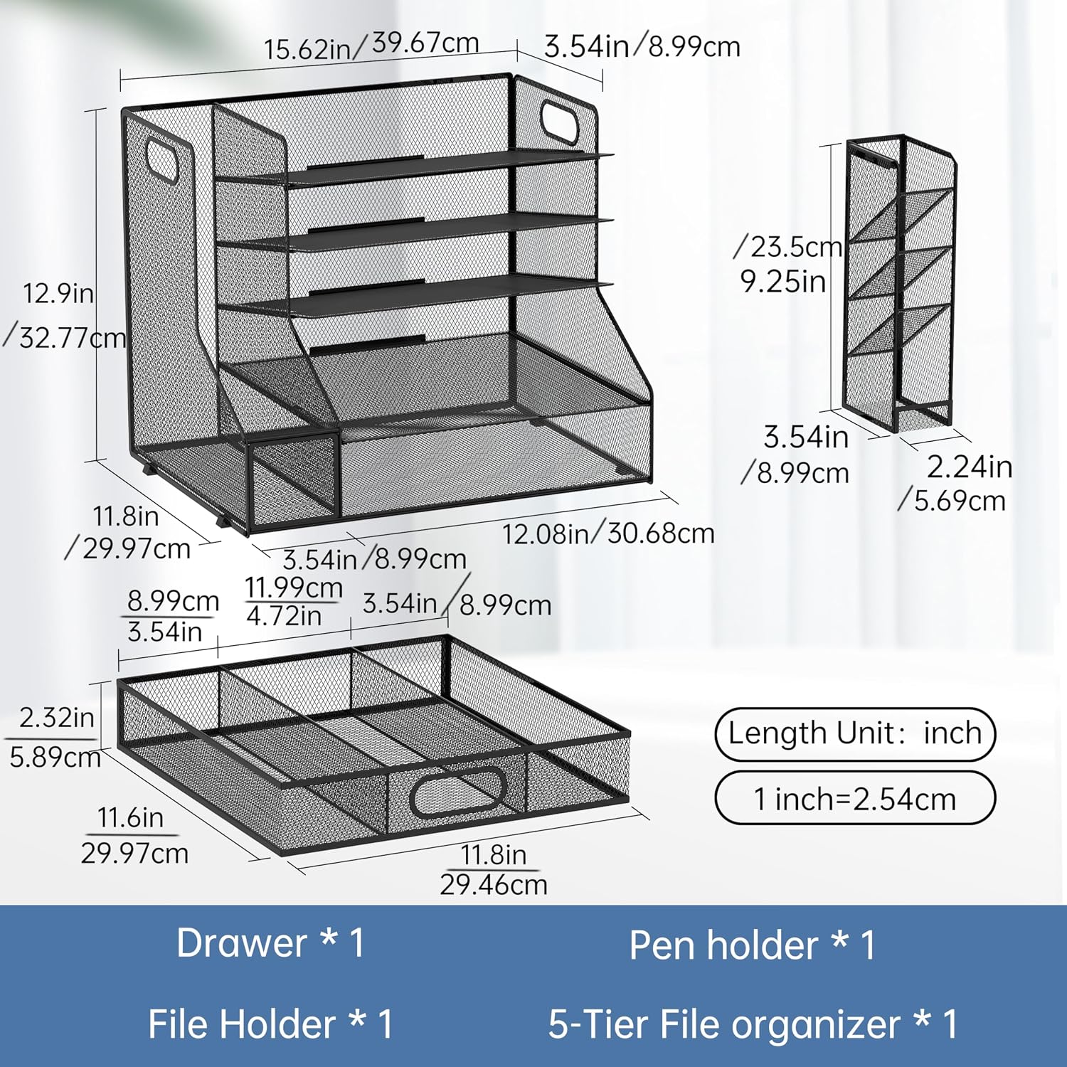 Thumbnail 4 de SUPTIDY Schreibtisch Organizer mit Aktenhalter (5-Tier Mesh, Schublade & Stifthalter) – Schwarz