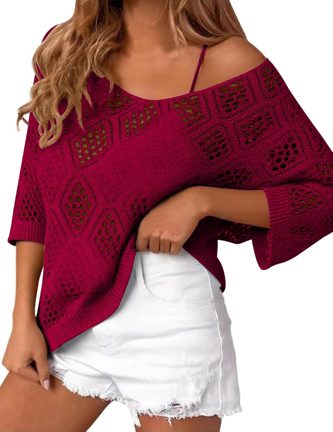Detalle 2 de LOMON Women's 3/4 Sleeve Crochet Off-Shoulder Hollow Out V-Neck Sweater - Casual Beach Cover Up