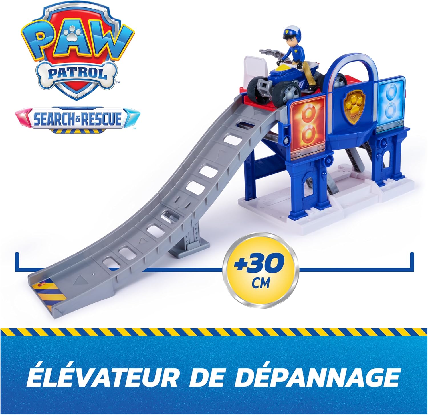 Detalle 2 de Paw Patrol Pat Patrouille – Elévateur de Dépannage Search & Rescue Mission détective avec Ryder (voiture figurine à collectionner)