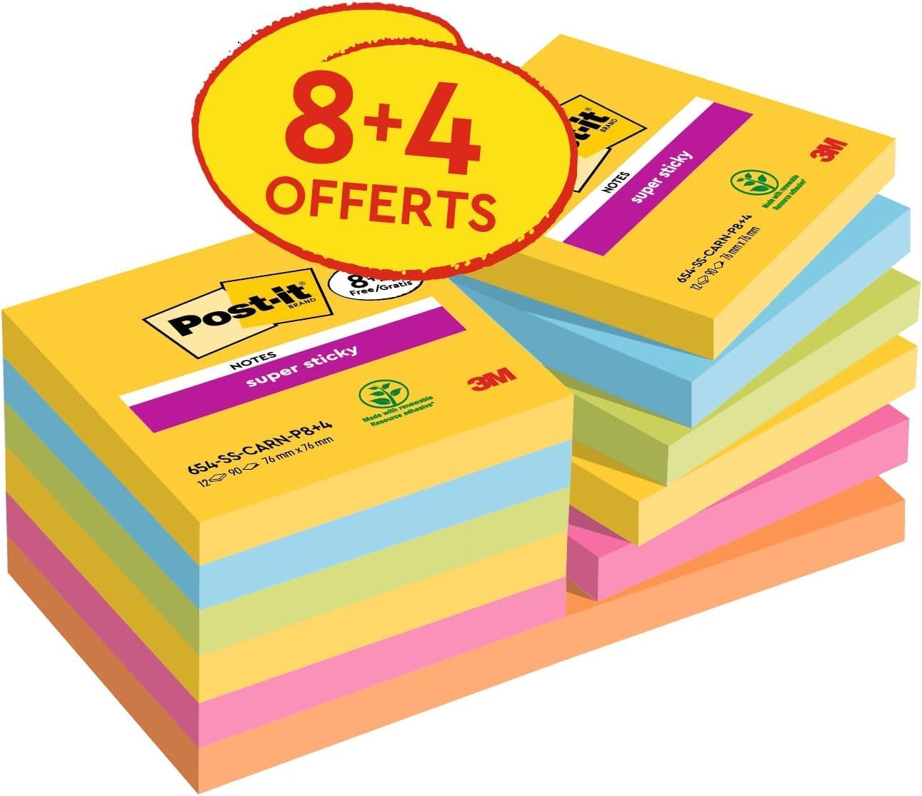 Thumbnail 1 de Post-it Notes Super Sticky Couleurs Carnival 76x76 mm