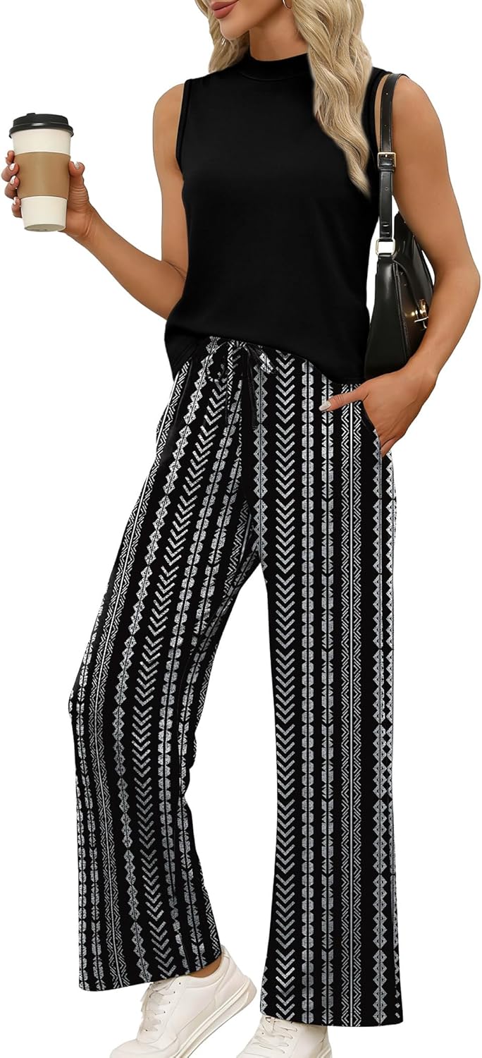 Thumbnail 1 de WIHOLL Two Piece Set for Women: Sleeveless Mock Neck Top and Wide-Leg Printed Pants