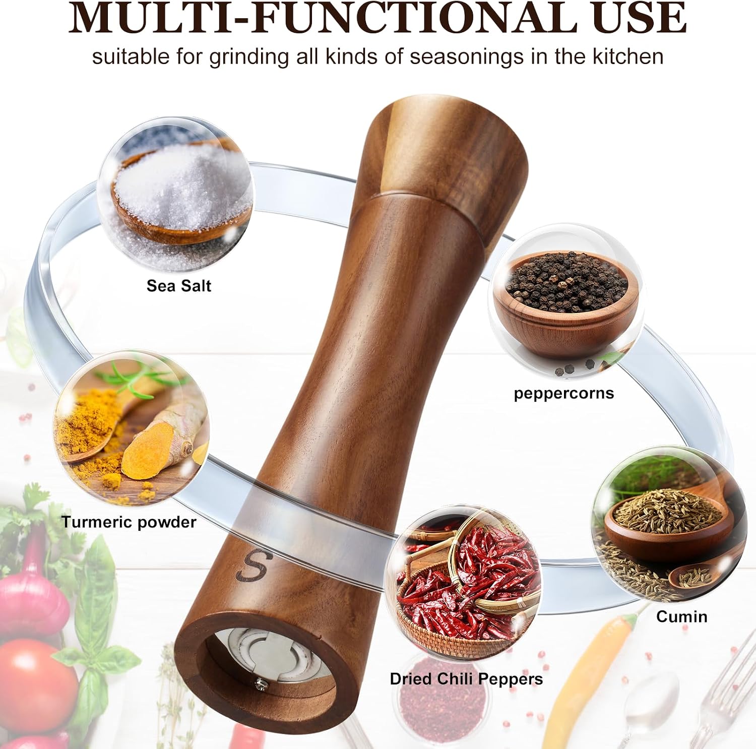 Detalle de Osrioal 8 Inch Wooden Salt and Pepper Grinder Set with Tray (Set of 2)