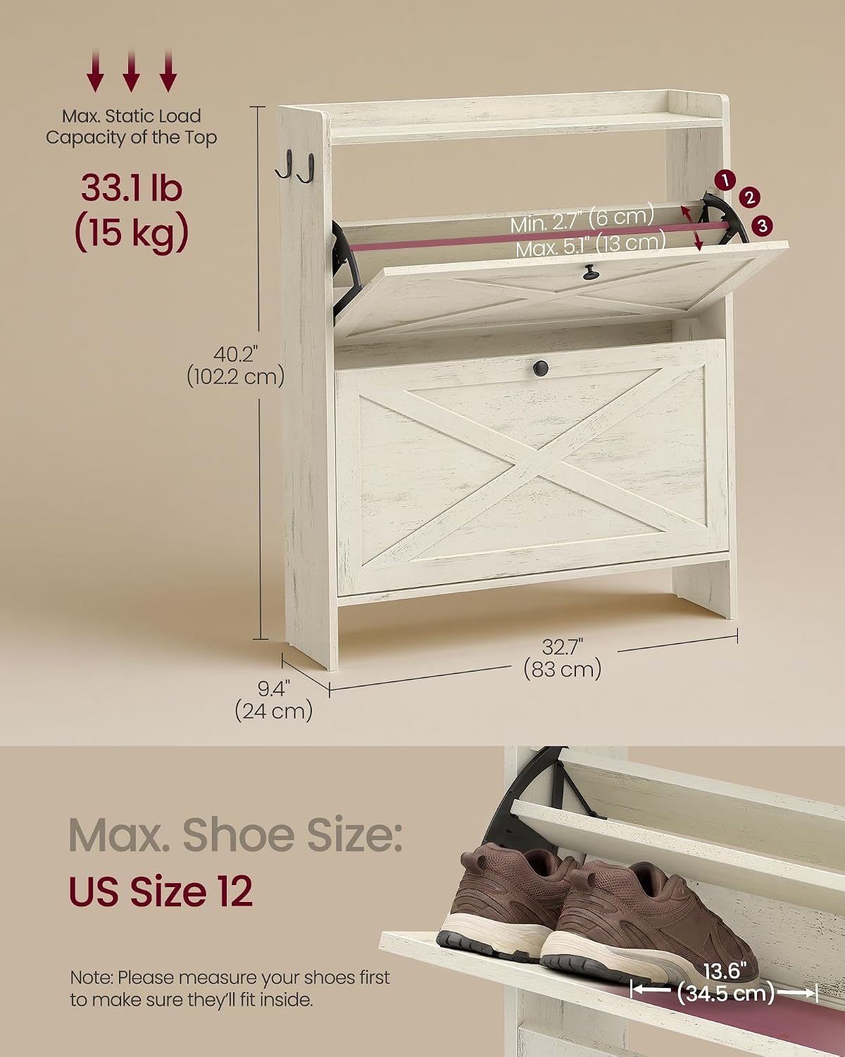 Detalle de VASAGLE UHSC203WJ01S Farmhouse Shoe Cabinet, 2 Flip Drawers, White