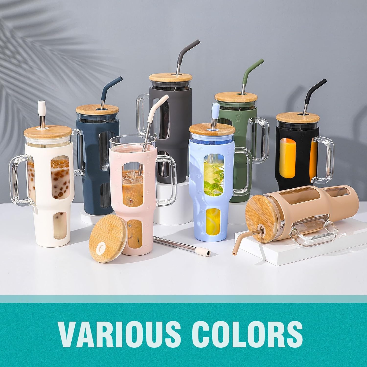 Thumbnail 6 de BLUEGO gobelet en verre avec couvercle 1400 ml, poignée et 2 pailles (sans BPA) – blanc