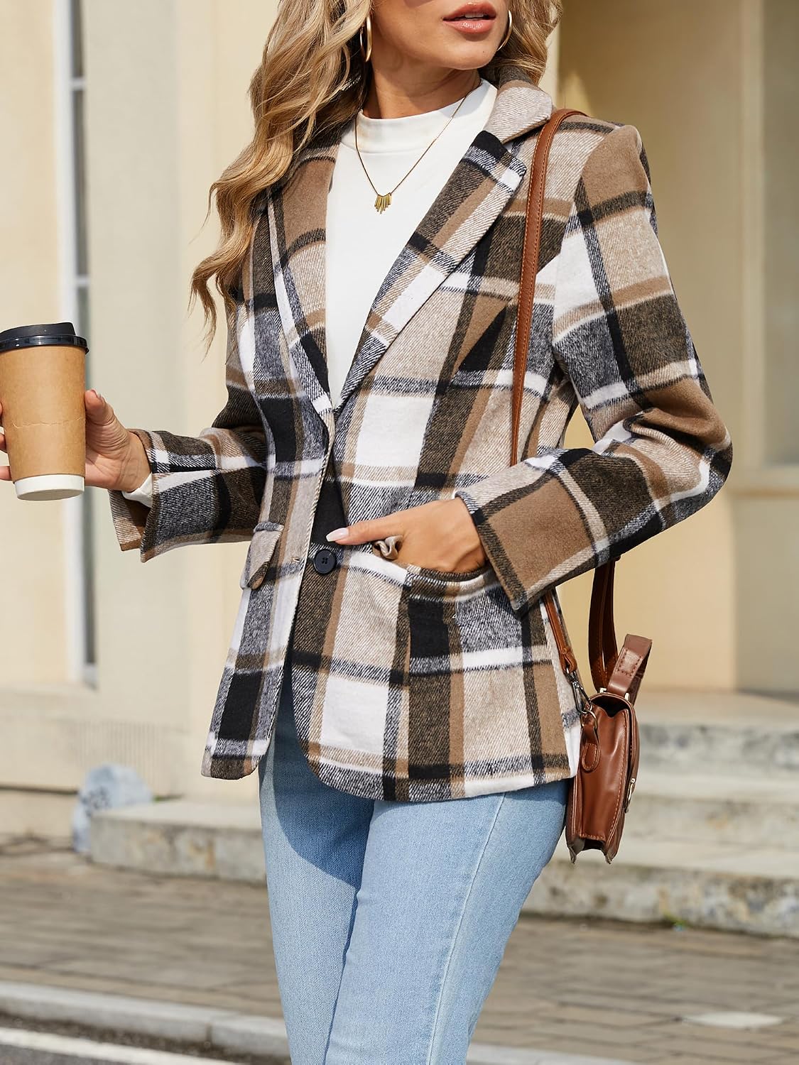 Thumbnail 3 de ELLEVEN Women's Houndstooth Plaid Blazer with Notched Lapel and Pockets