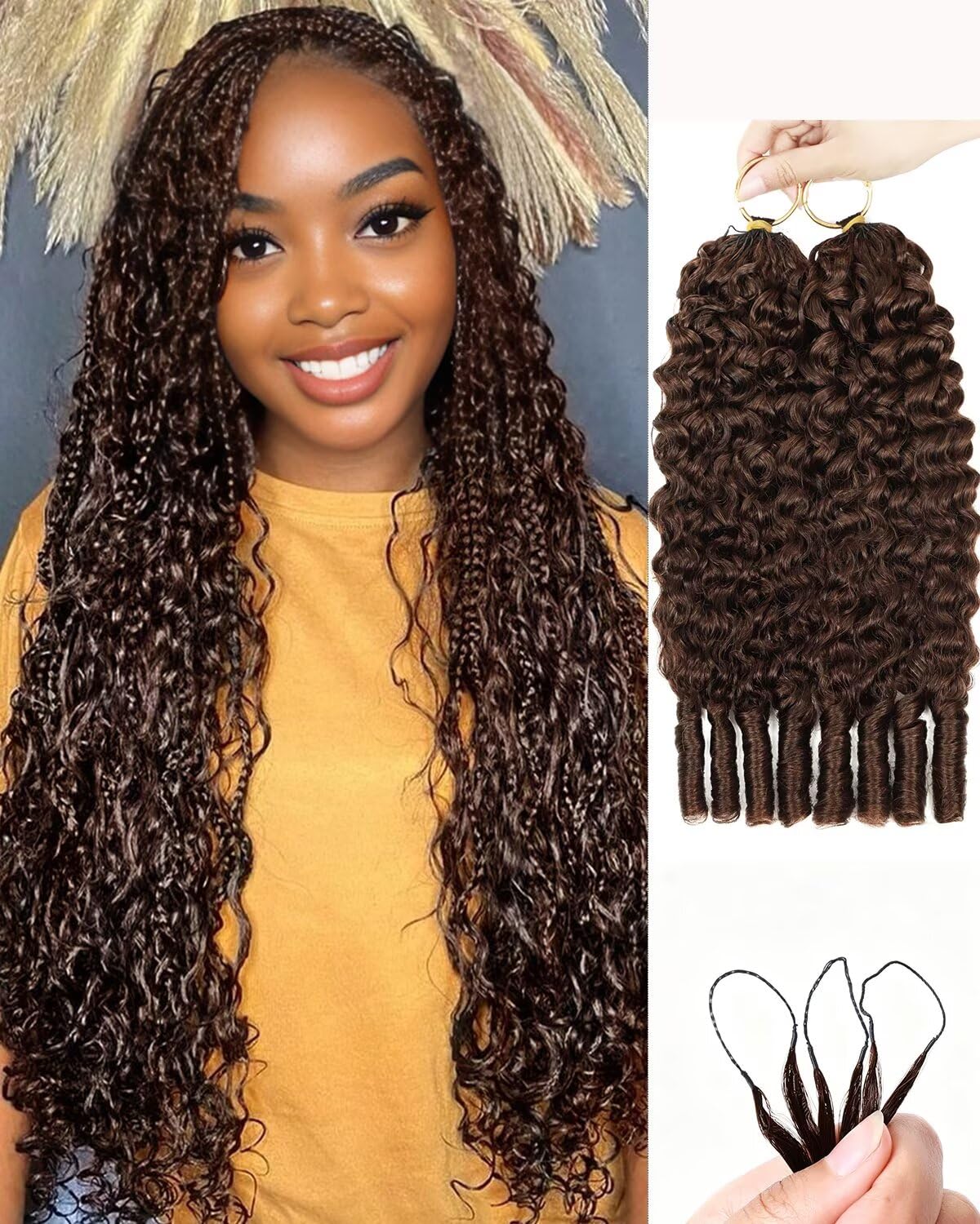 Detalle de VDZ 18-Inch Human Crochet Hair, Chocolate Brown Burmese Curly Feather Extensions