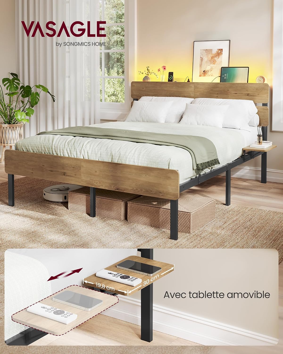 Detalle de VASAGLE Cadre de lit 140 x 190 avec sommier métal RMB103K01