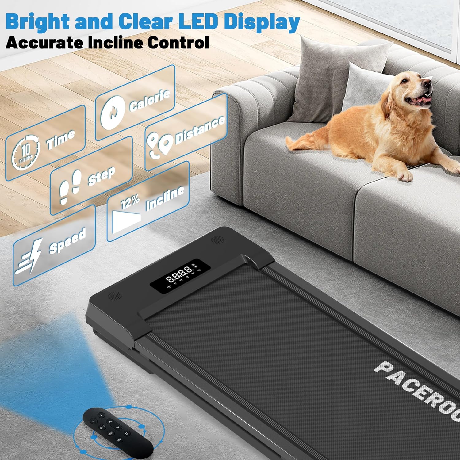 Detalle de PACEROCKER Walking Pad Treadmill with 9-Level Auto Incline and 450 lb Capacity