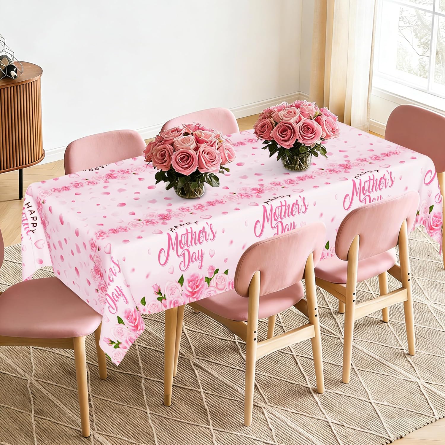 Thumbnail 5 de QZYL 3 Pack Mother's Day Table Cloths (108" x 54"), Pink Waterproof Disposable Decor with Roses