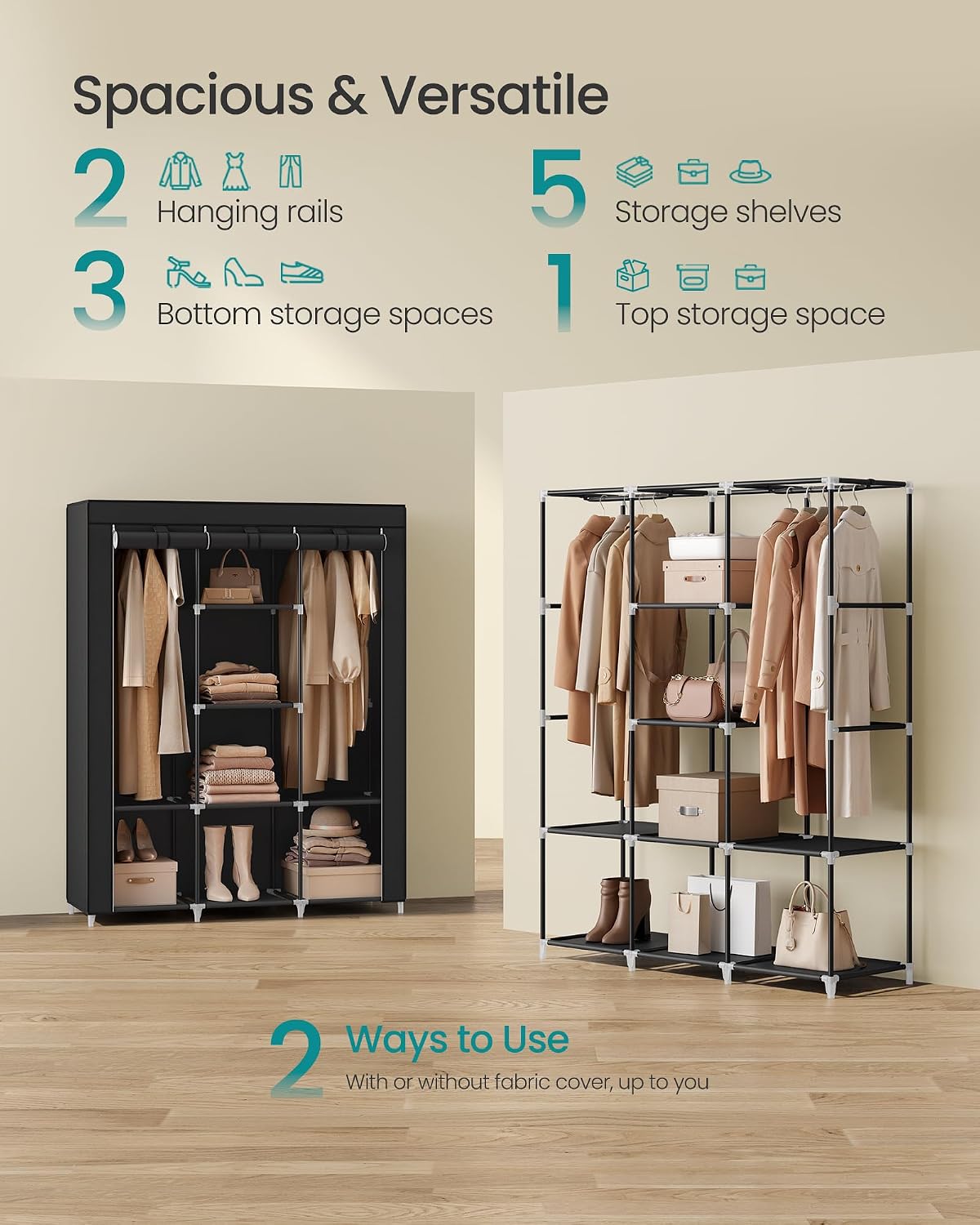 Thumbnail 2 de SONGMICS Clothes Wardrobe Portable Closet with Cover, Hanging Rails & Shelves (RYG096B01) 130 x 45 x 168cm