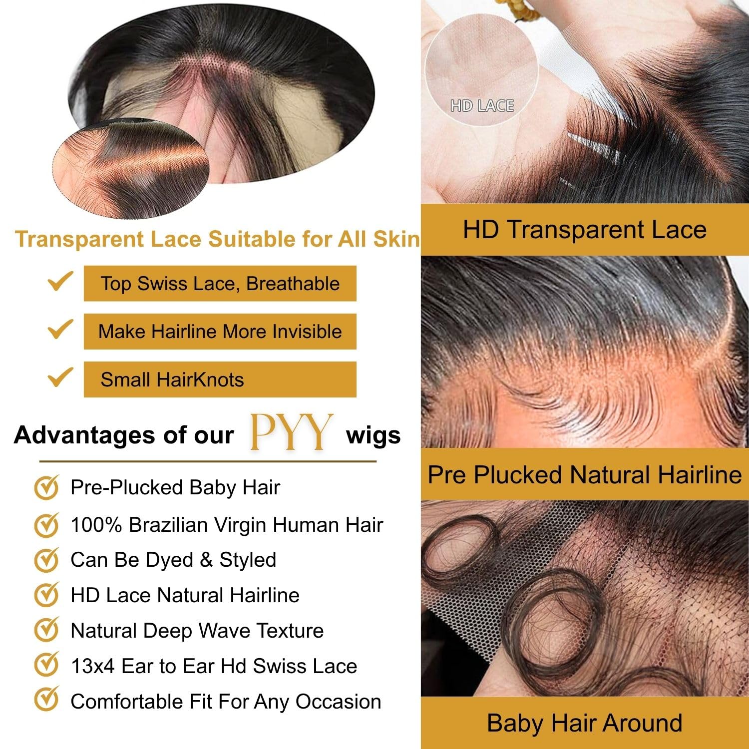 Detalle de PYY Deep Wave Lace Front Wig Human Hair 13x4 HD Lace, 18 Inch
