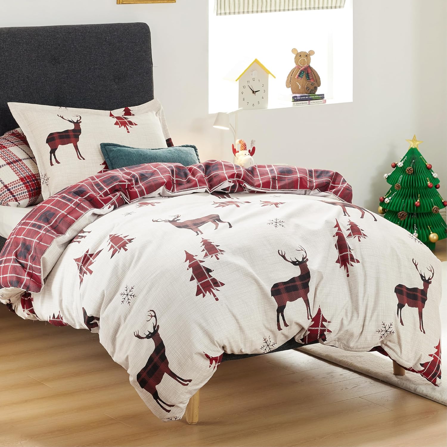 Detalle 2 de Bedsure Twin Christmas Duvet Cover Set, Reindeer Print, Reversible Buffalo Check
