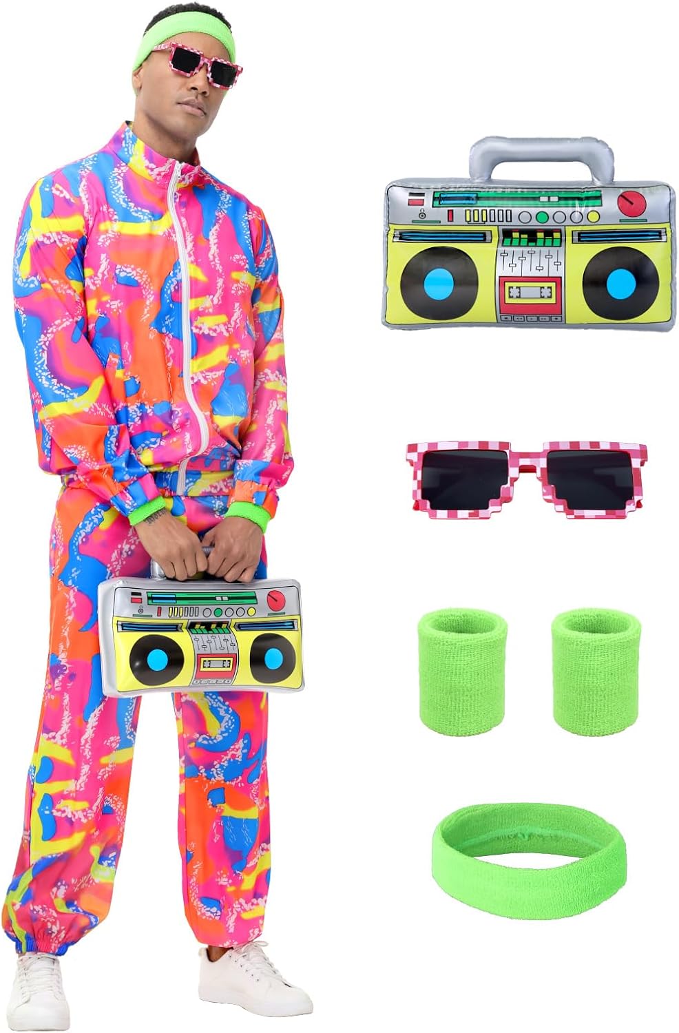 Detalle de Tosjack 80s Retro Costume Neon Tracksuit Set with Retro Accessories