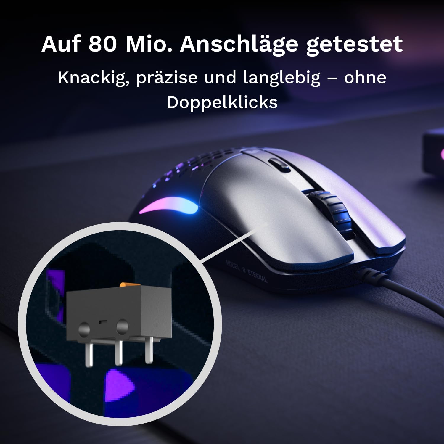 Detalle de GLORIOUS Model O Eternal – Kabelgebundene Gaming-Maus, 55 g, 12K DPI, Schwarz