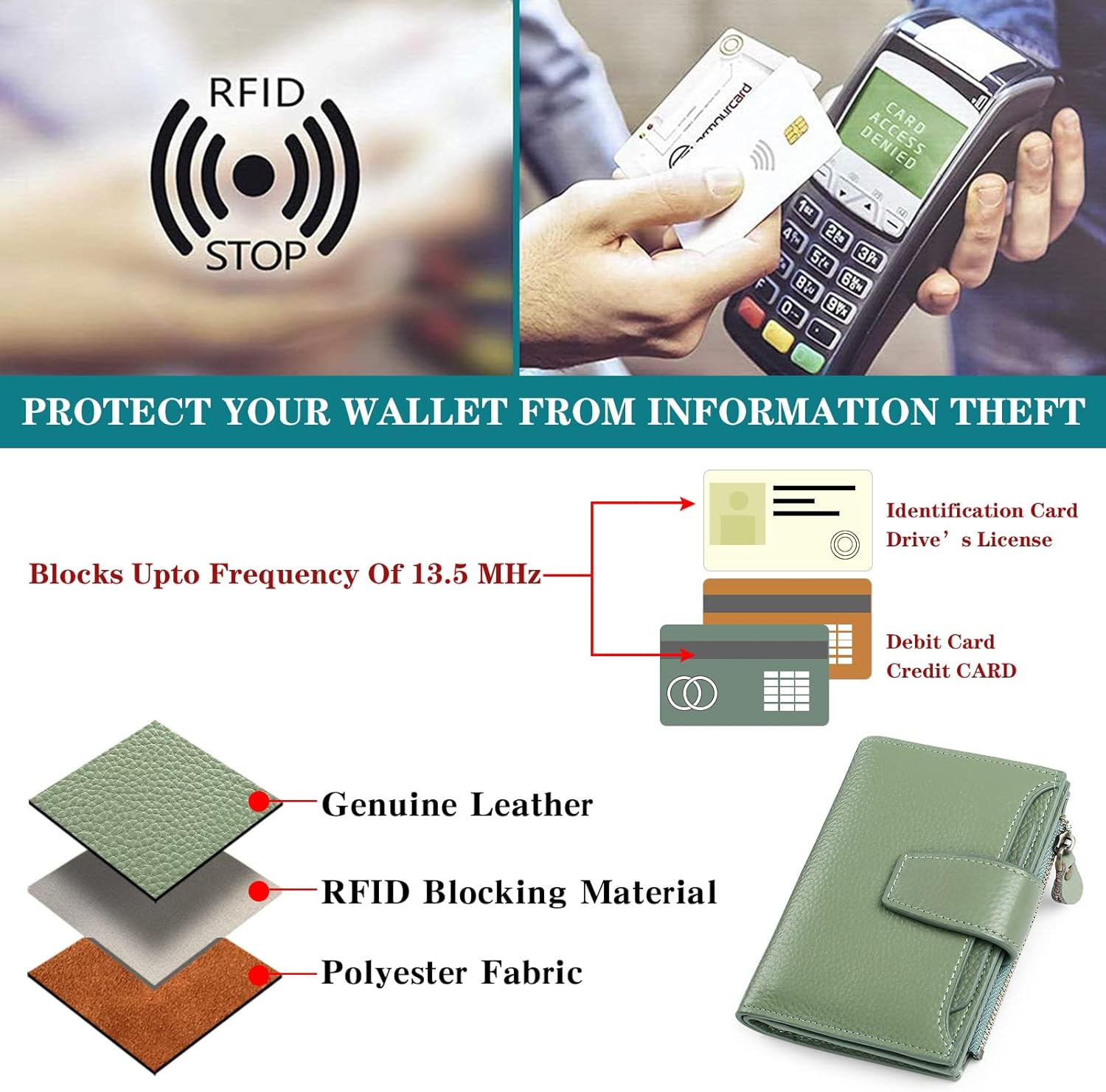 Thumbnail 6 de SENDEFN Women's RFID Blocking Leather Small Compact Bi-fold Zipper Pocket Wallet