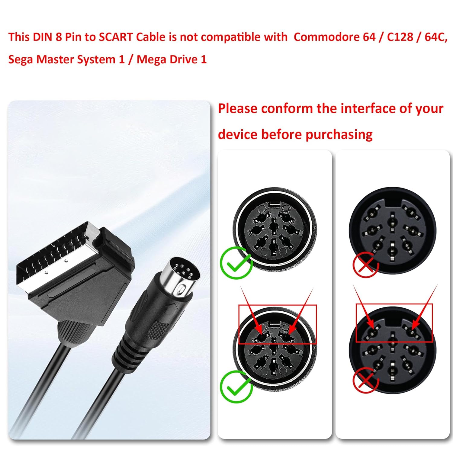 Detalle de YARCHONN 8 Pin DIN to SCART Lead Cable – 1.8M RGB SCART to DIN8 for Retro Consoles