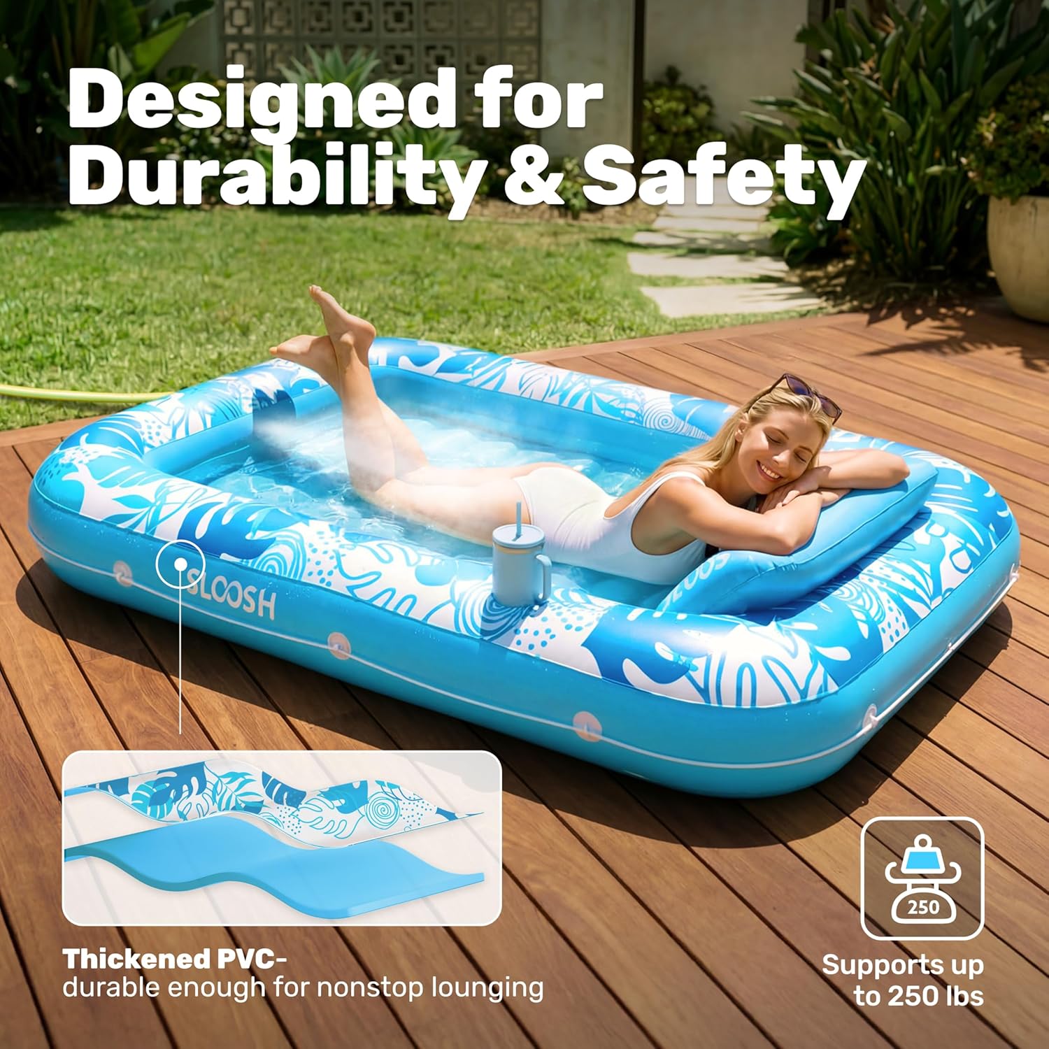 Thumbnail 5 de SLOOSH Misting System Inflatable Tanning Pool Lounger Float — 70" x 46", 6-in-1 Cooling & Lounge with Pillow & Cup Holders