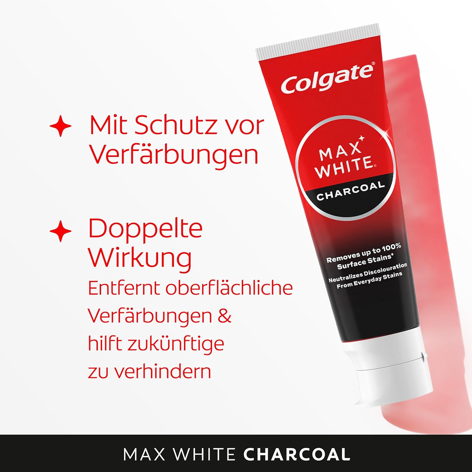 Detalle de Colgate Max White Charcoal Zahnpasta 4x75 ml – Aktivkohle, entfernt oberflächliche Verfärbungen