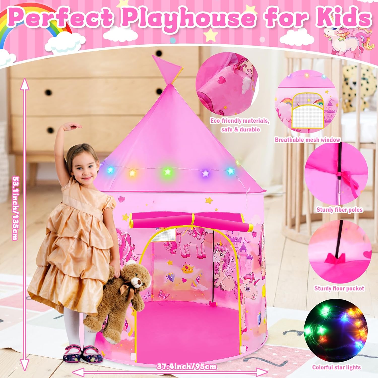 Detalle 2 de Pop Up Tent for Girls: Unicorn Playhouse for 3โ7๐ช
