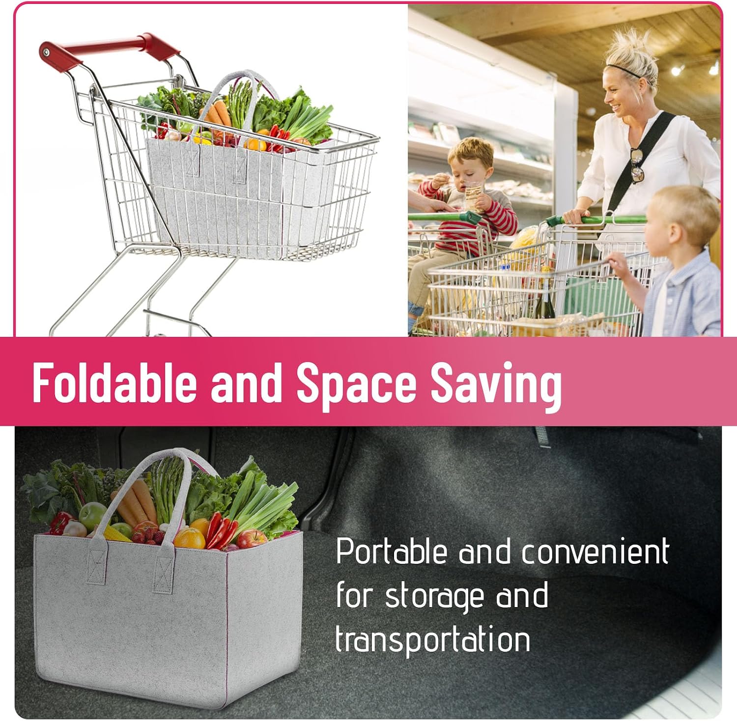 Detalle de Sinand 2er-Set Filz-Einkaufstaschen (30 l) – Shopper aus Filz, faltbar & leicht, 40 x 27 x 27 cm