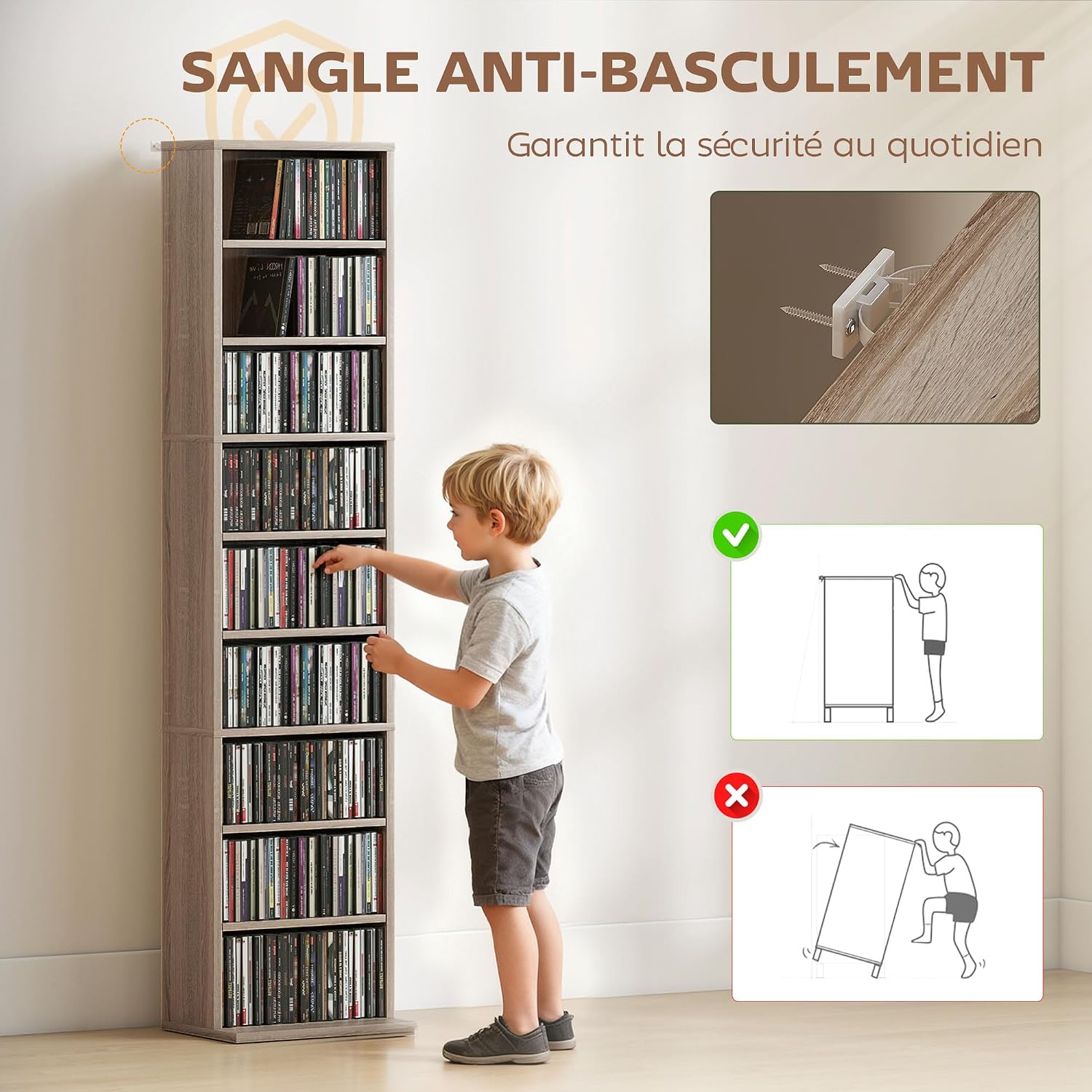 Detalle 2 de HOMCOM meuble de rangement CD/DVD avec étagères réglables (jusqu’à 260 CD / 120 DVD), 33 x 24 x 140 cm