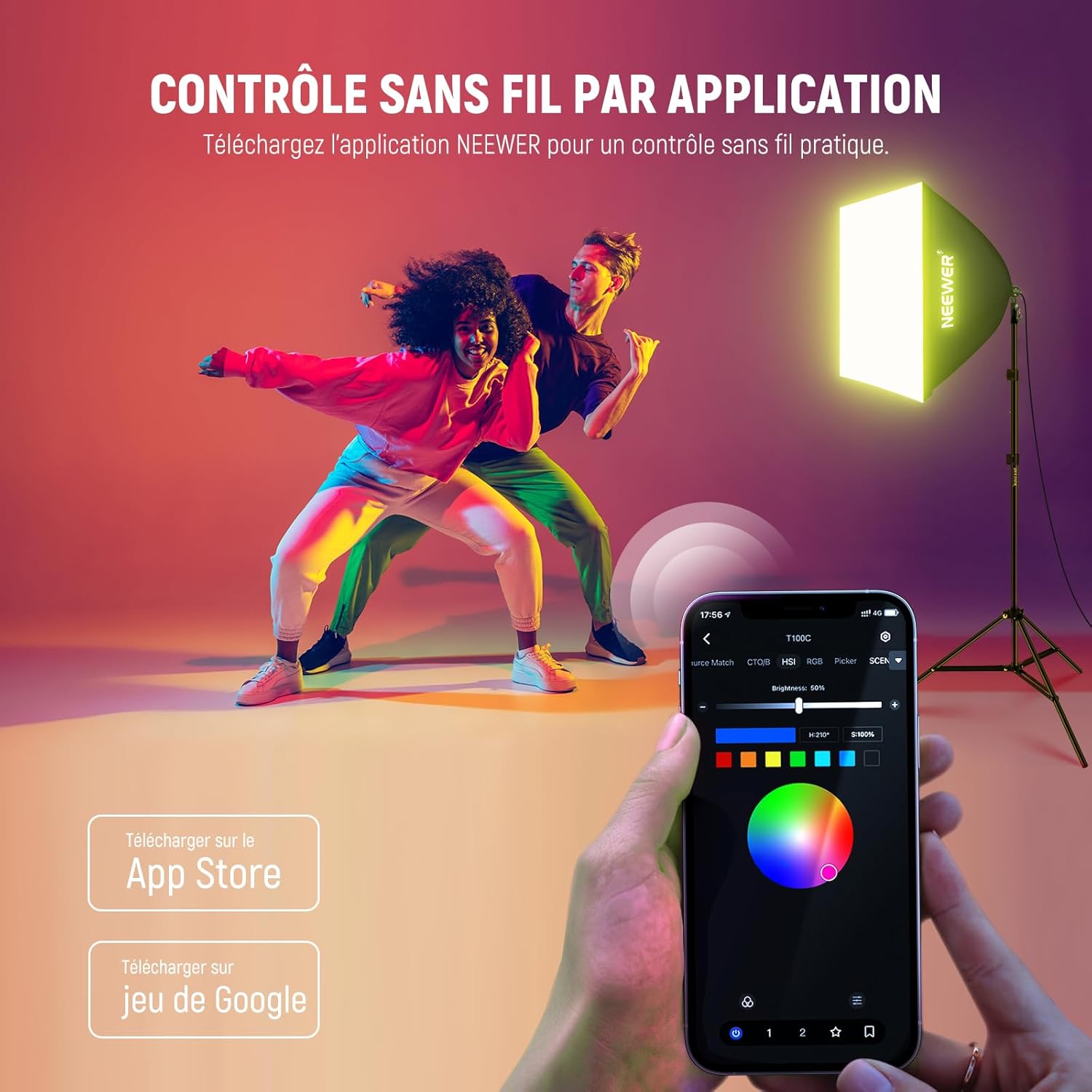 Detalle de NEEWER NK800 : kit d’éclairage softbox RGB Softbox 24" E27, contrôle par app et 9 modes d’effets