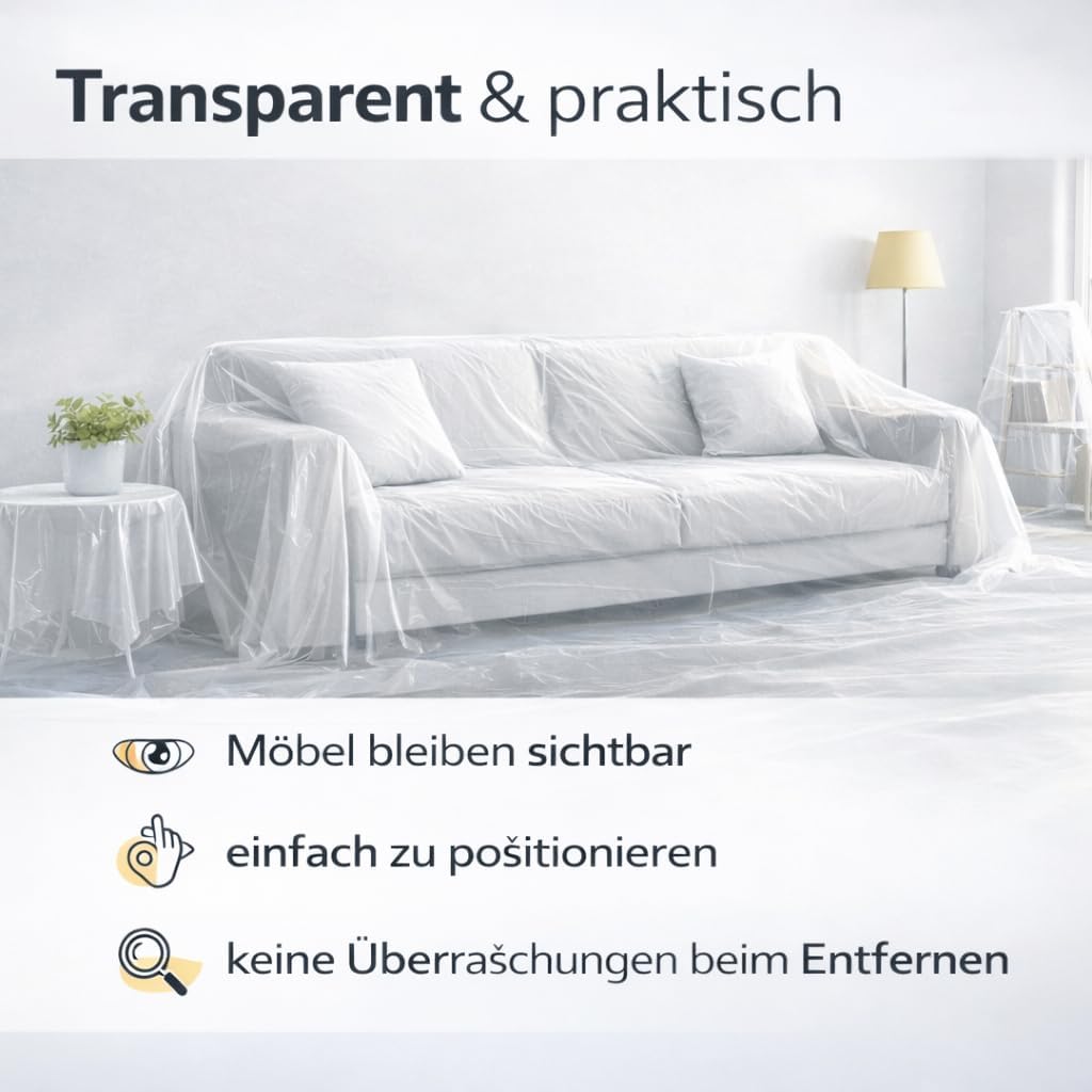 Thumbnail 5 de 6er-Set Abdeckfolie 4 x 5 m (160 m²) – extra stark & transparent Malerplane als Baufolie für Renovierung und Umzug