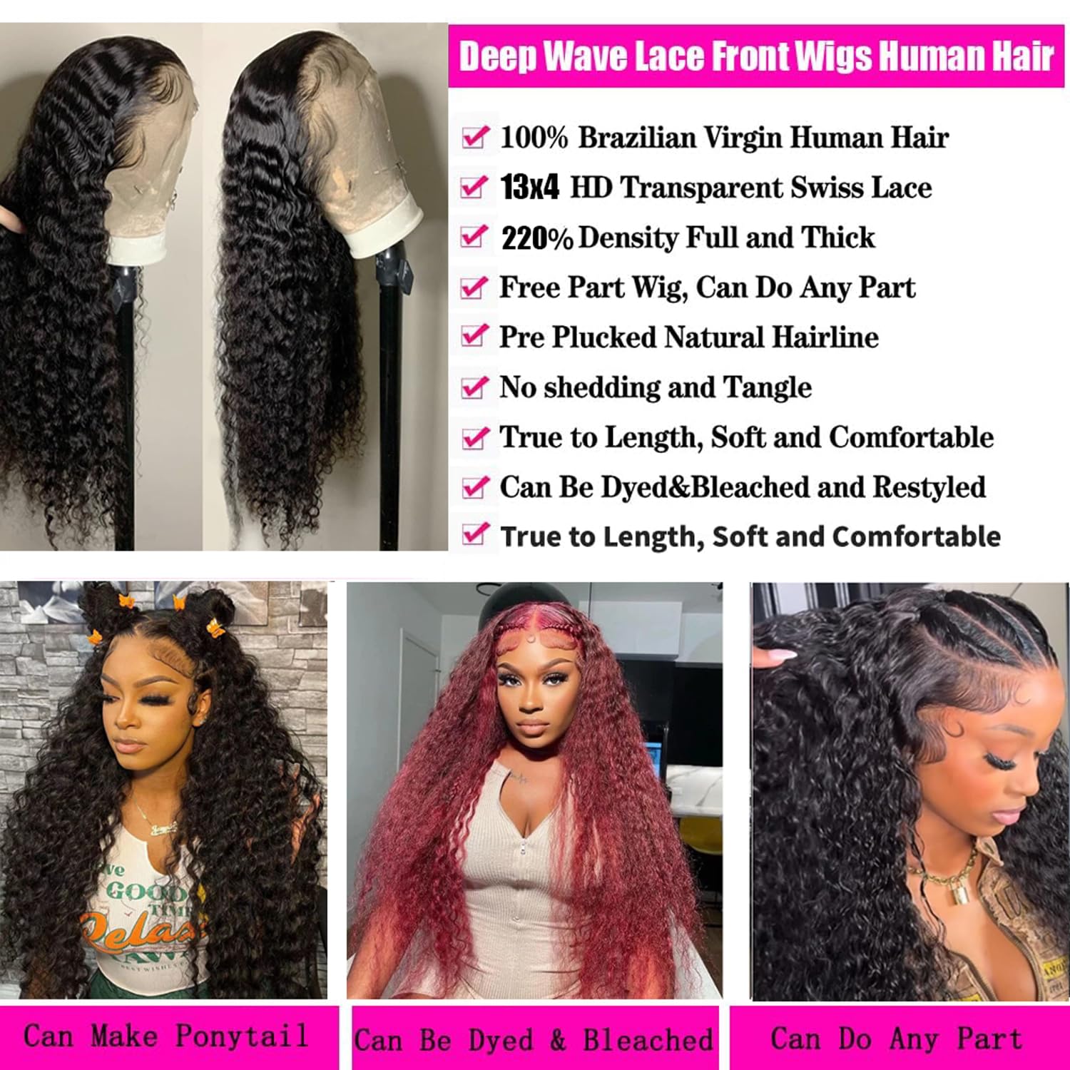 Detalle de Durya Deep Wave 13x4 HD Transparent Lace Front Wig (Human Hair, 220% Density)