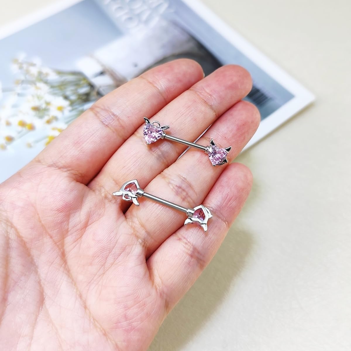 Thumbnail 4 de Besyvvin Nipple Bars 14mm stainless steel 14G nipple rings (heart, butterfly) CZ