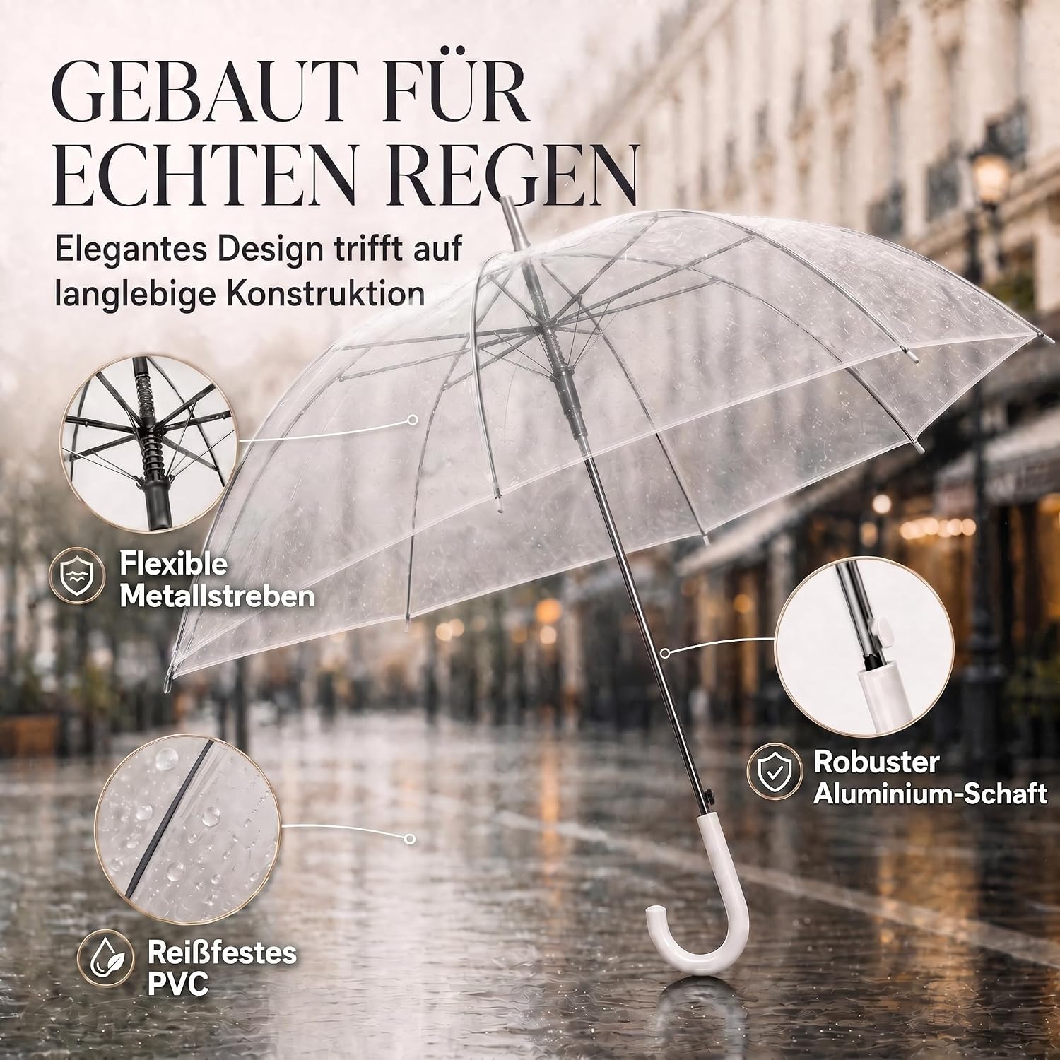 Detalle de GOODS+GADGETS Transparent Stick Umbrella with POE Canopy and White Handle