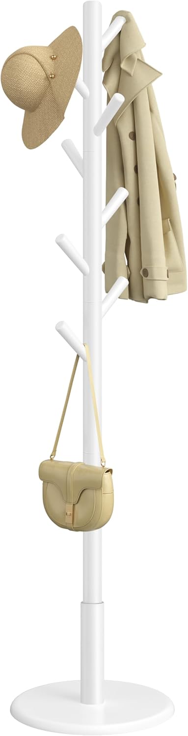 Detalle de VASAGLE Portemanteau en bois Hévéa – Portant à Vêtements sur pieds, 8 crochets, blanc nuage RCR009WH01