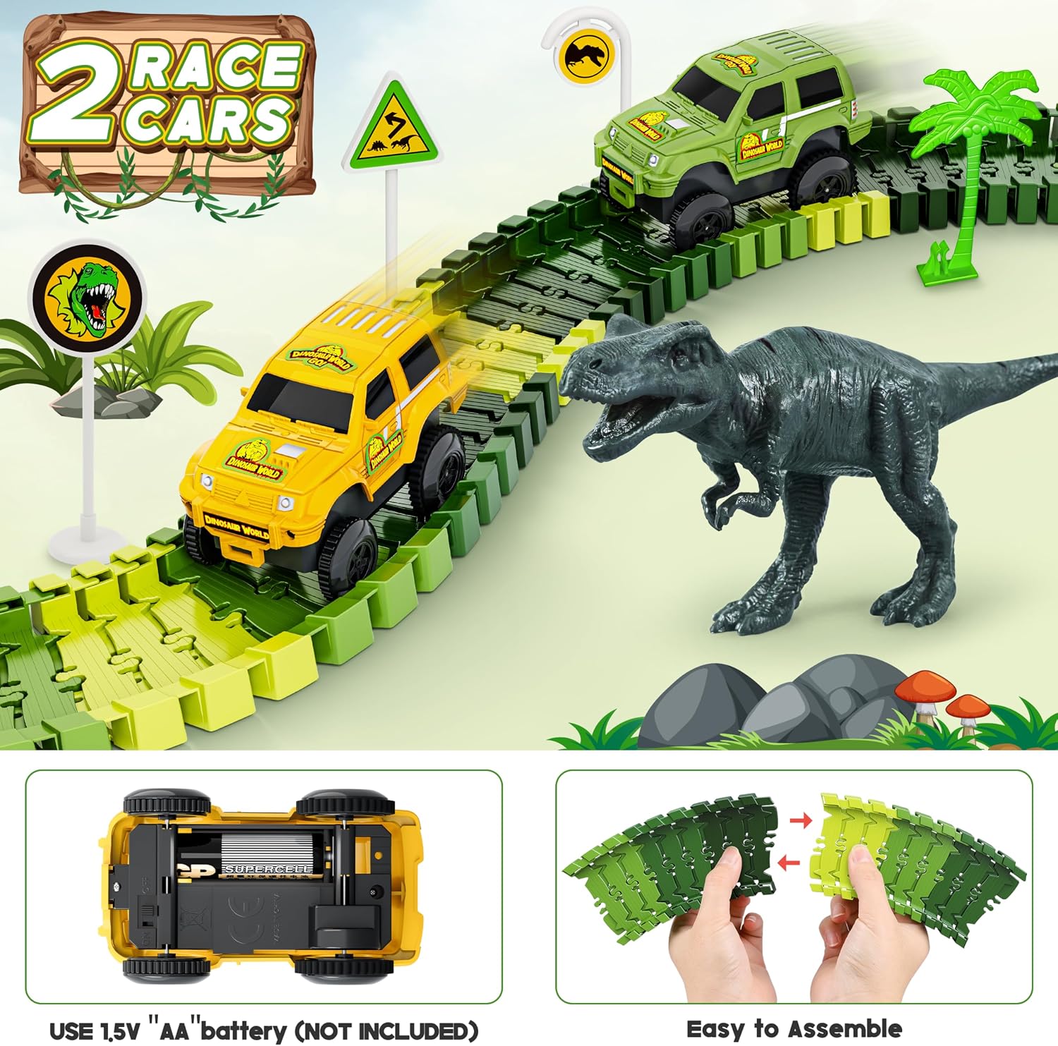 Thumbnail 3 de Dinosaur Tracks 271-Piece Flexible Dinosaur World Road Race Train Track Set (Race Cars + Dinosaur Figures) for Ages 3+