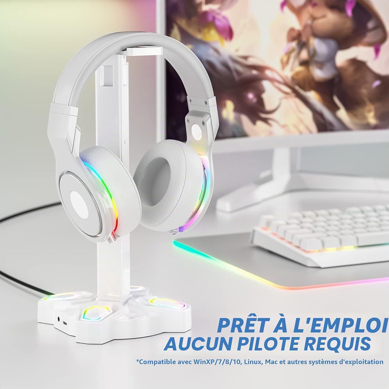 Thumbnail 1 de KDD Support Casque Gamer – Porte-casque rotatif avec 9 modes lumineux et station pour manettes (USB, 3,5 mm et Type-C) – Blanc