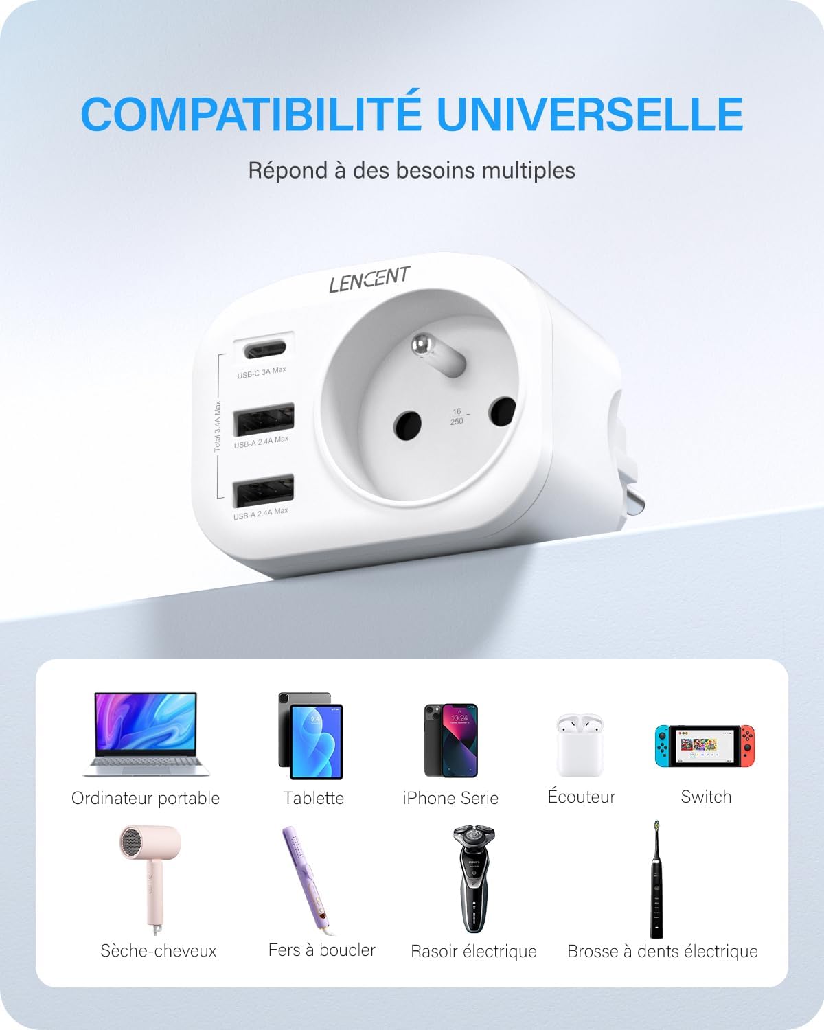 Thumbnail 3 de LENCENT Prise USB 4 en 1 4000W