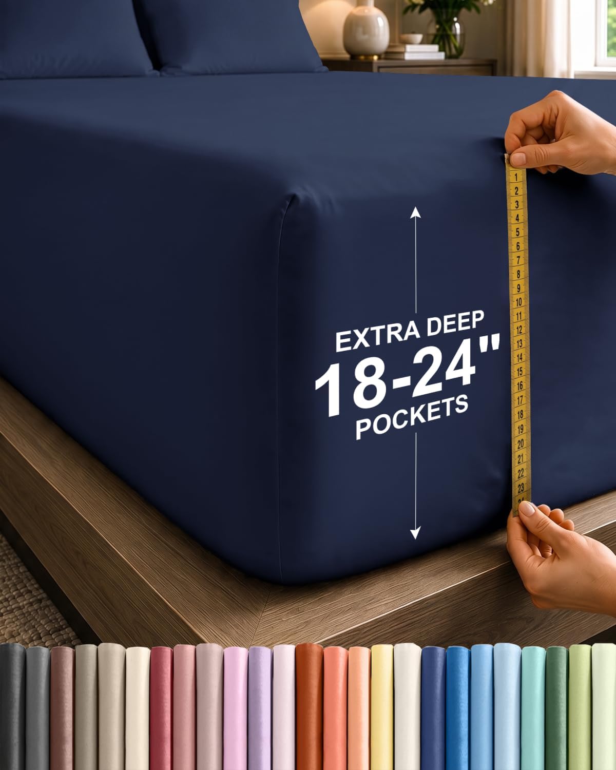 Detalle de Extra Deep Queen Fitted Sheet by CGK Unlimited — Navy Blue, 18–24" Deep Pockets
