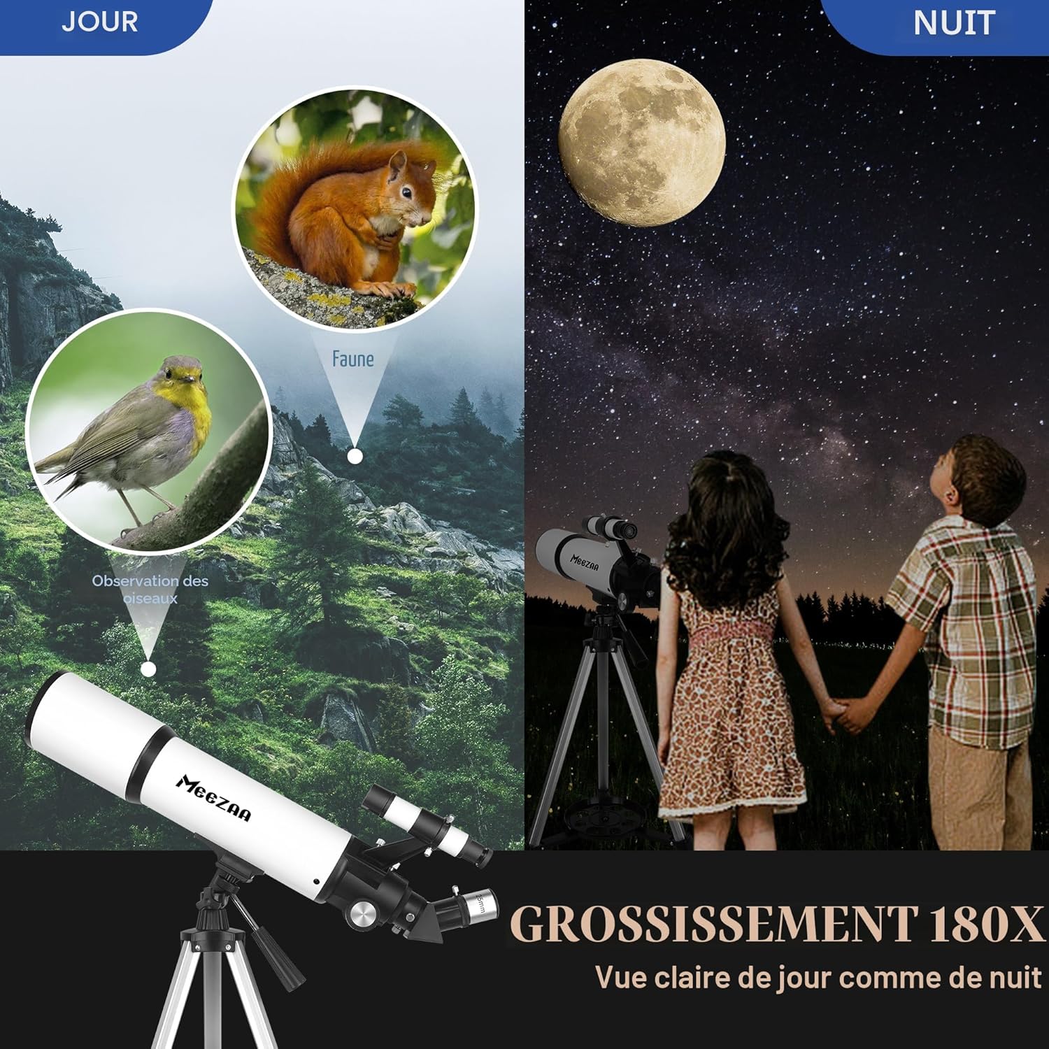 Thumbnail 6 de MEEZAA Télescope Astronomique 80/600mm — Réfracteur Portable pour Débutants et Enfants, 24x–180x avec Trépied et Adaptateur Téléphone