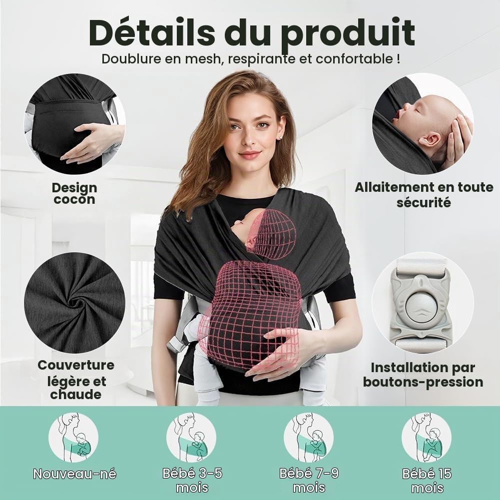 Detalle de AOOWU verstelbare babydraagzak met gesp, katoenmix, donkergrijs, tot 15 kg