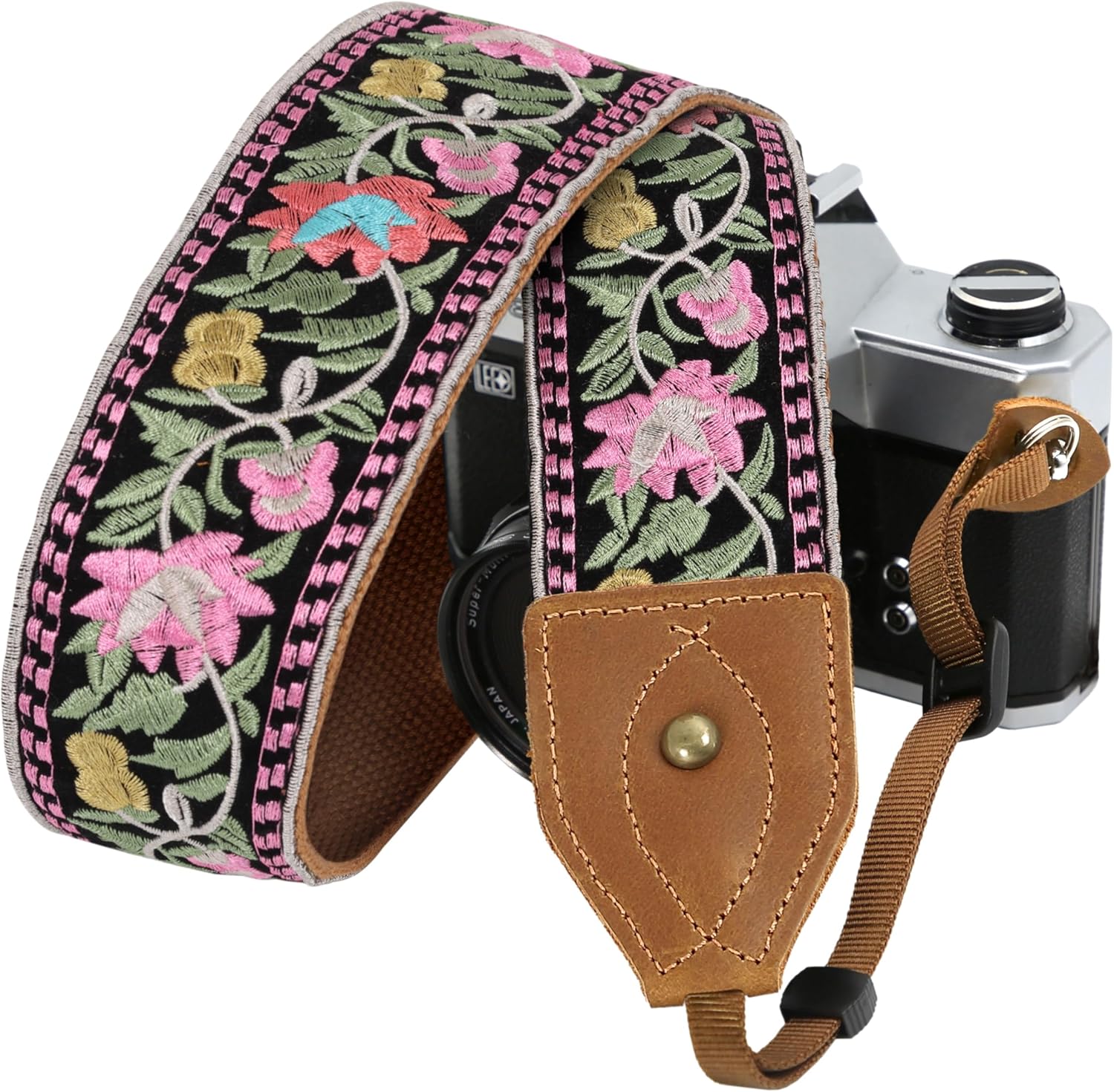 Detalle de Padwa Lifestyle Embroidered Flower Camera Strap – 2" Wide, Vintage Cowhide, Comfortable and Universal