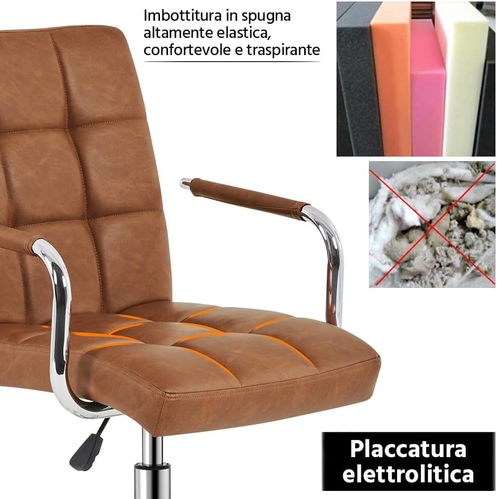 Detalle de Yaheetech sedia ufficio con rotelle girevoli in ecopelle, altezza regolabile e braccioli rimovibili (marrone vintage)