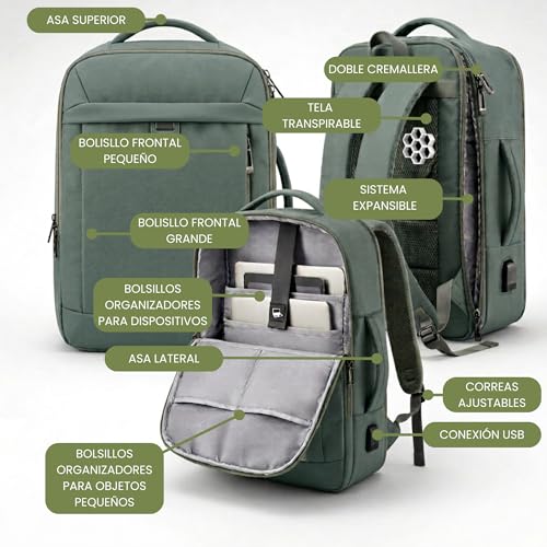 Thumbnail 3 de EDIESI Mochila de cabina 40x30x20 expandible con USB – verde oliva, para portátil 15,6