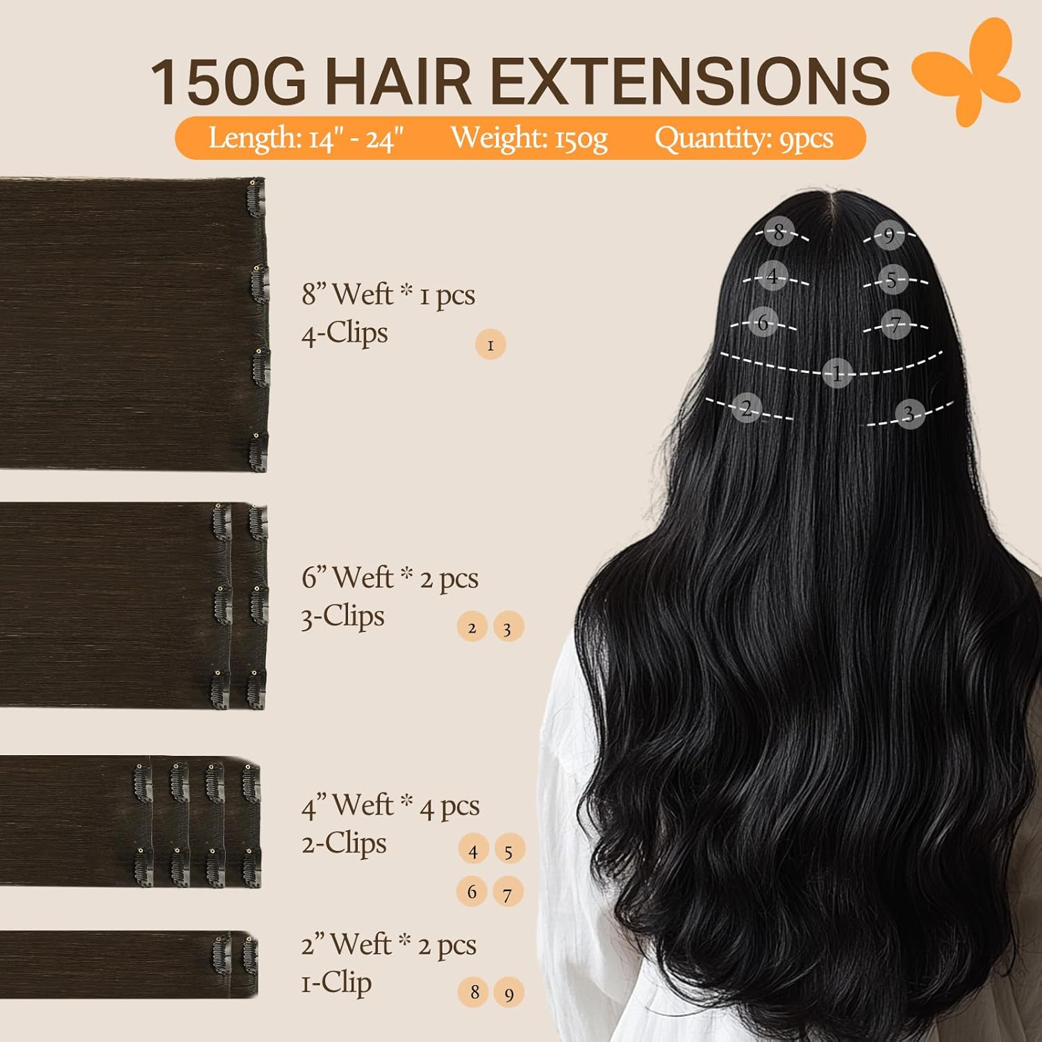 Thumbnail 1 de DOORES Clip in Hair Extensions Real Human Hair, Dark Brown 150g, 9pcs, 20 Inch
