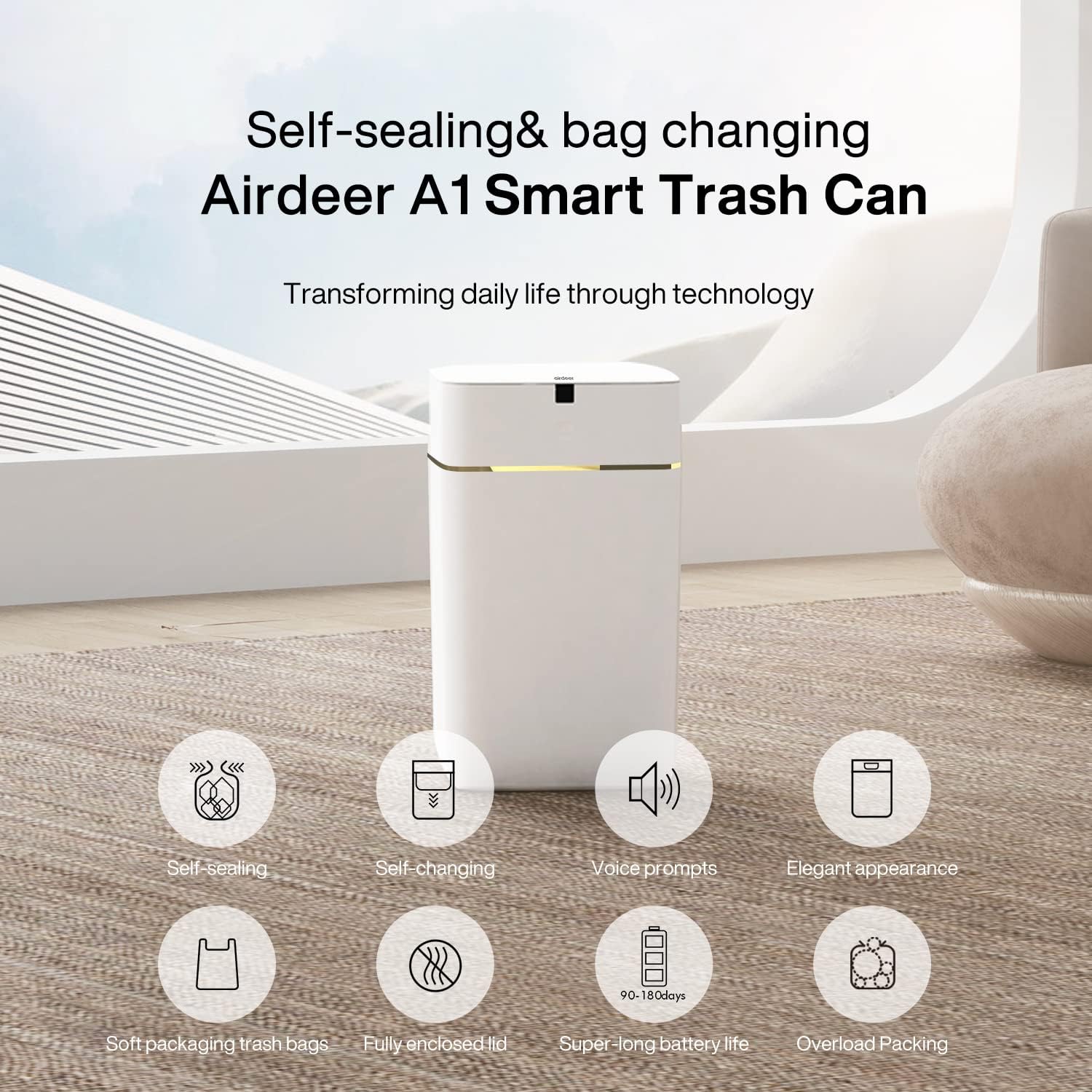 Detalle de Airdeer Automatic Trash Can (4 Gallon) with Motion Sensor, Self-Sealing Lid, and Smart Auto-Refill Rings