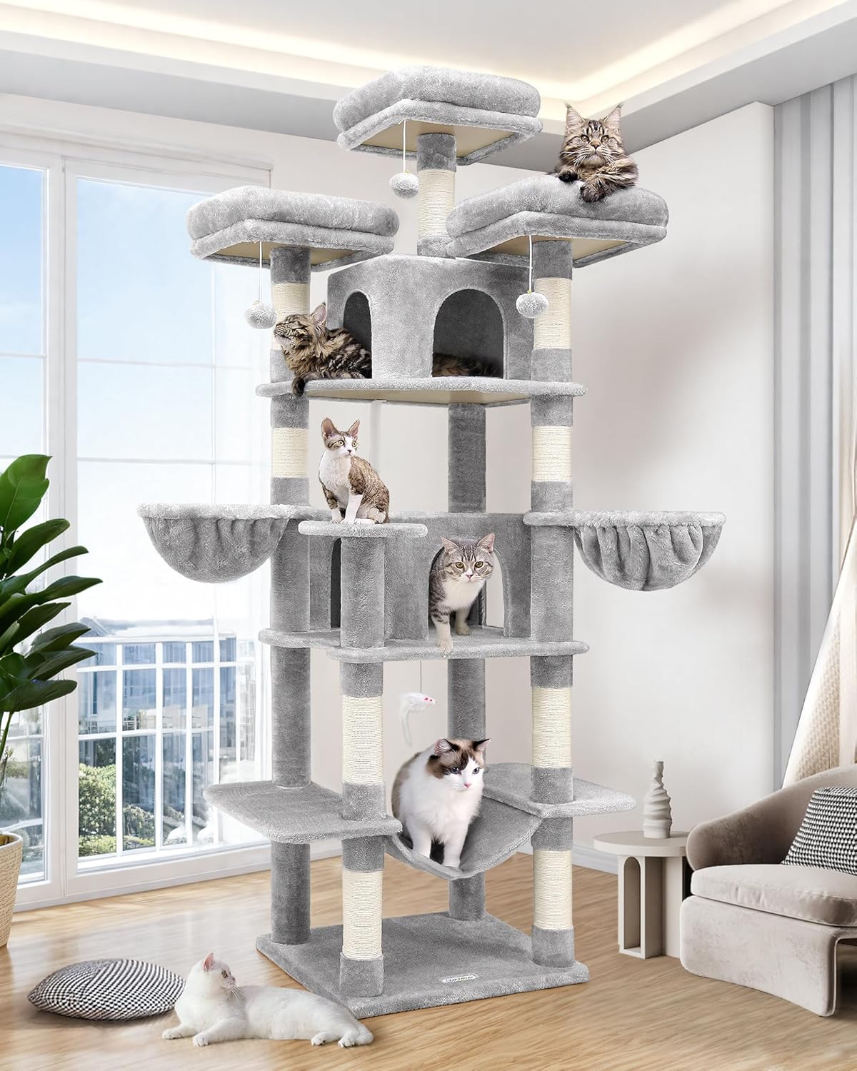 Detalle de Globlazer Kratzbaum Große hoch 204 cm mit 3 gepolsterten Sitzstangen, 2 Katzenhäuser, 2 Körbe, Hängematte – stabiler Luxus-Kratzbaum für 3–5 Katzen