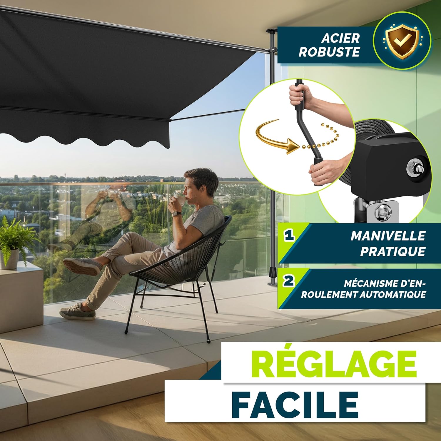 Thumbnail 4 de Tillvex Store Banne manuelle rétractable avec manivelle pour balcon - Anthracite 300 cm