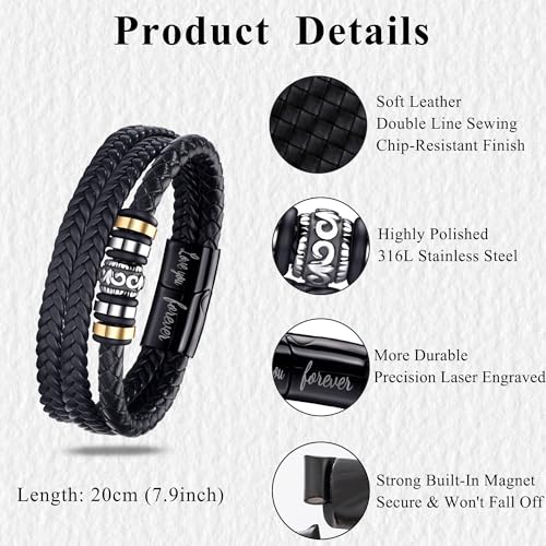 Detalle 2 de BMMYE Gift for Son Leather Bracelet – Personalised Triple-Braided Mens Gift