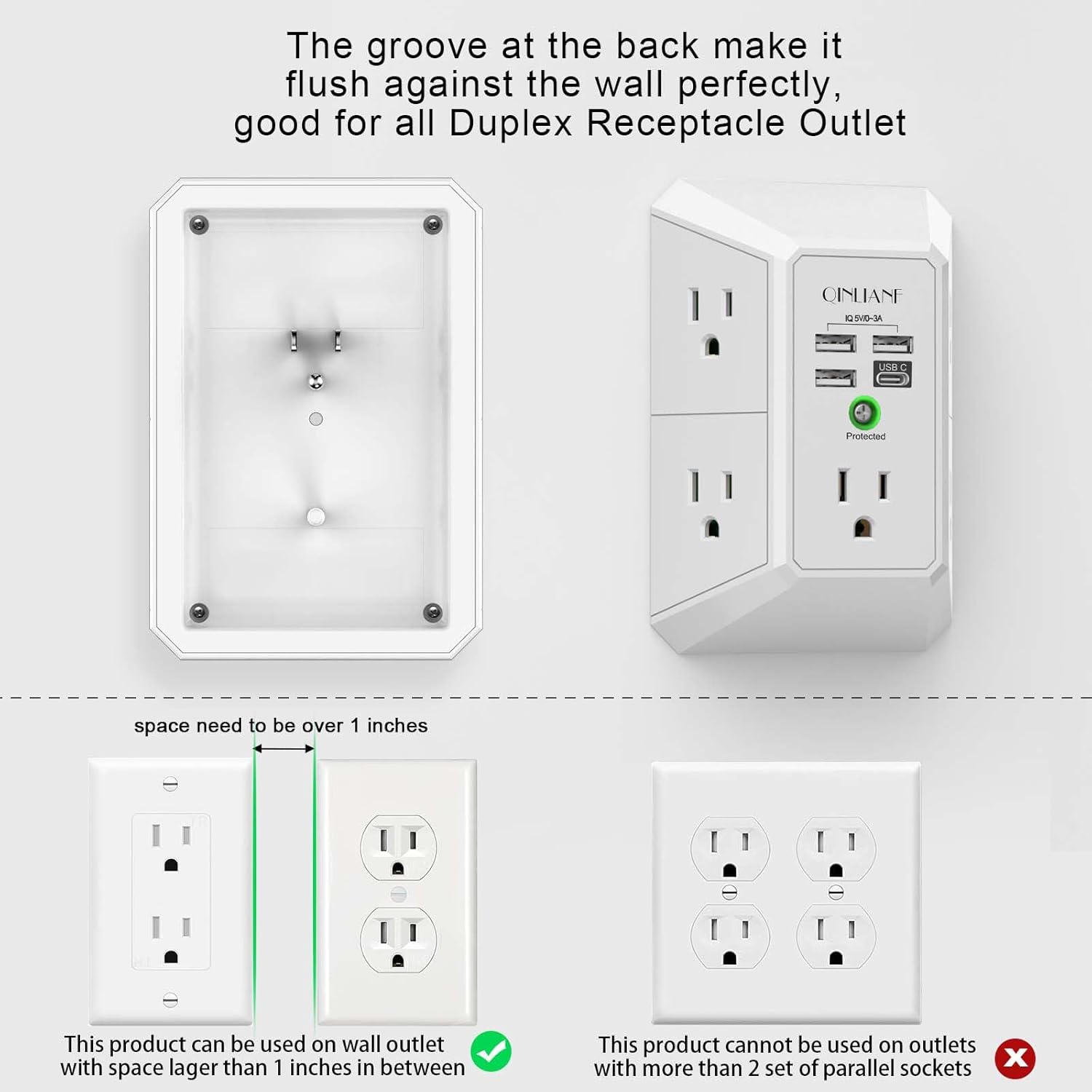 Detalle 1 de QINLIANF 5 Outlet Extender 4.8A USB ⚡