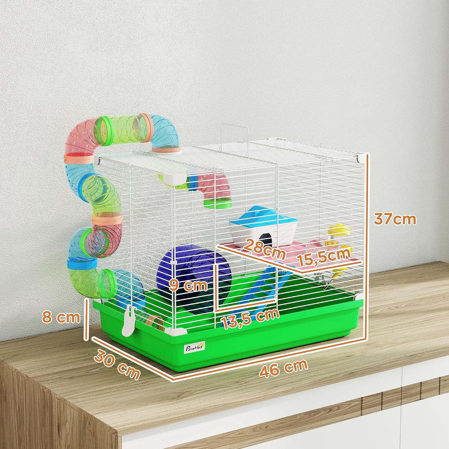Thumbnail 6 de PawHut Cage à hamster rongeur 2 niveaux avec tunnel, roue et maisonnette (46 x 30 x 37 cm) – Vert