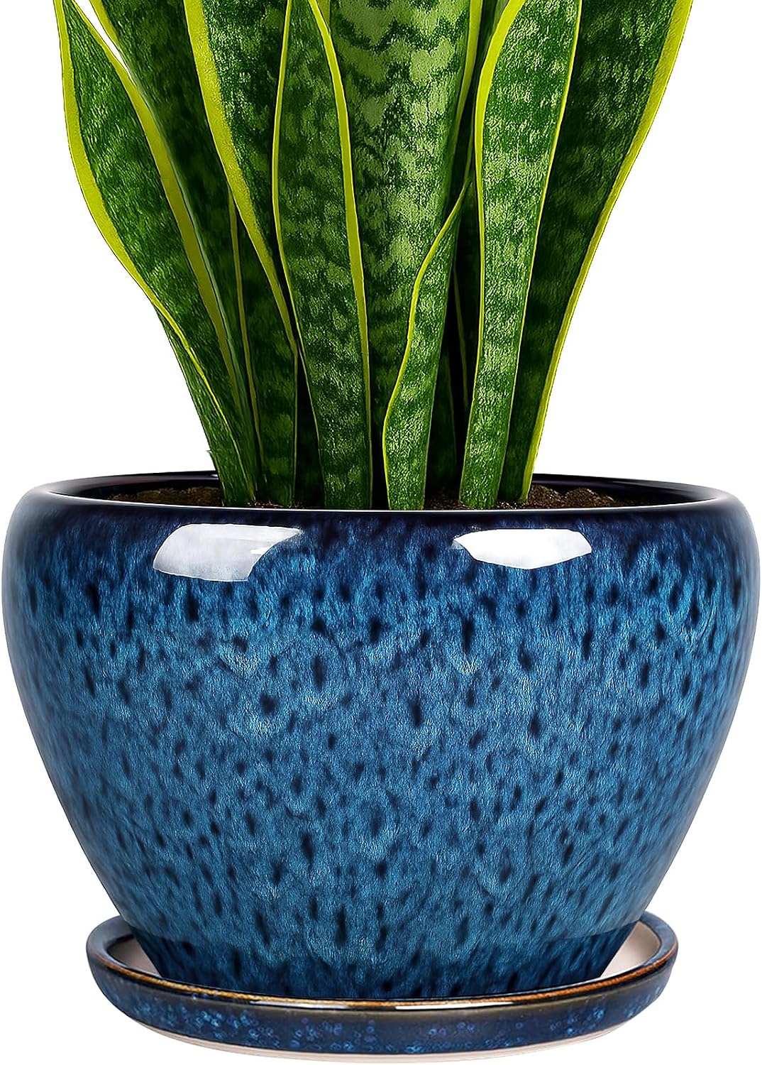 Detalle de Deep Dream 8-Inch Ceramic Planter with Drainage Hole and Saucer, Blue